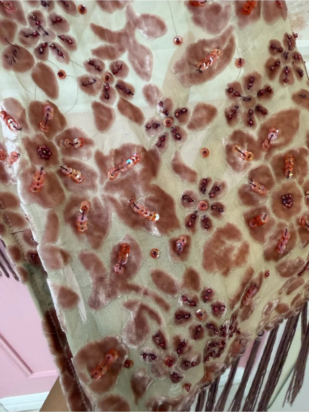 Y2K Velvet Floral Fringe Scarf in Brown and Tan